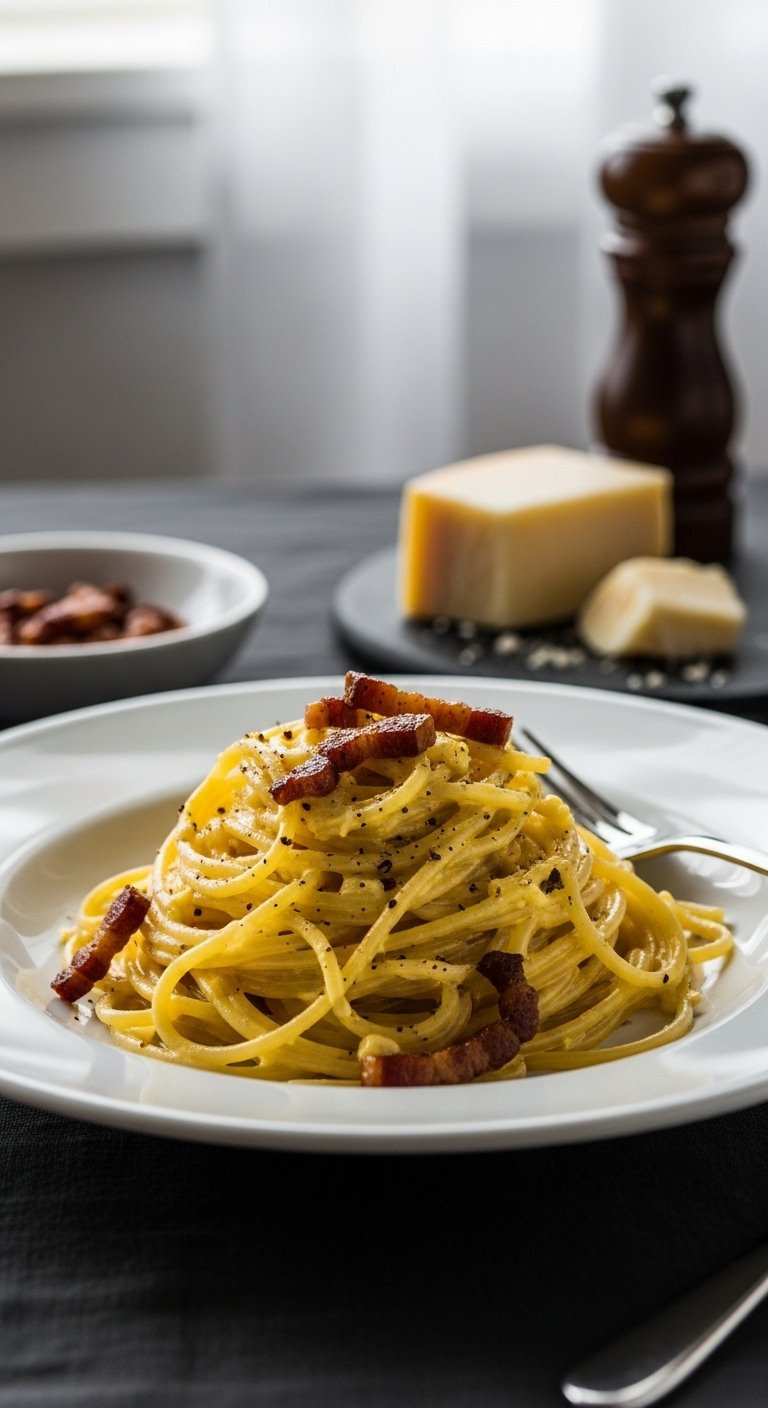 Classic Italian Pasta Carbonara With Creamy Egg Sauce, Guanciale, And Black Pepper On A White Plate.