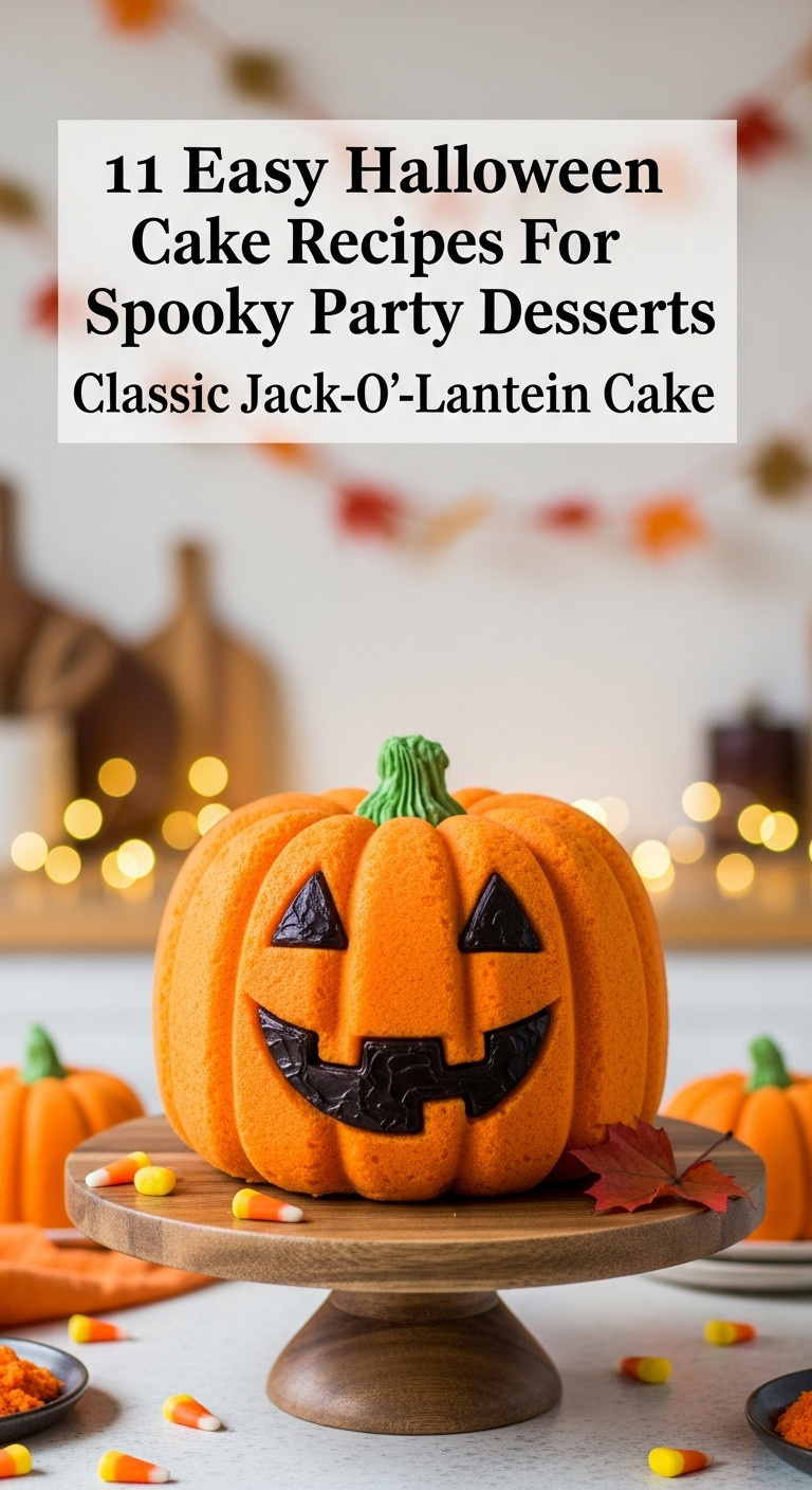 Classic Jack-O'-Lantern Cake On A Rustic Wooden Stand With Candy Corns And Autumn Leaves In A Cozy Kitchen
