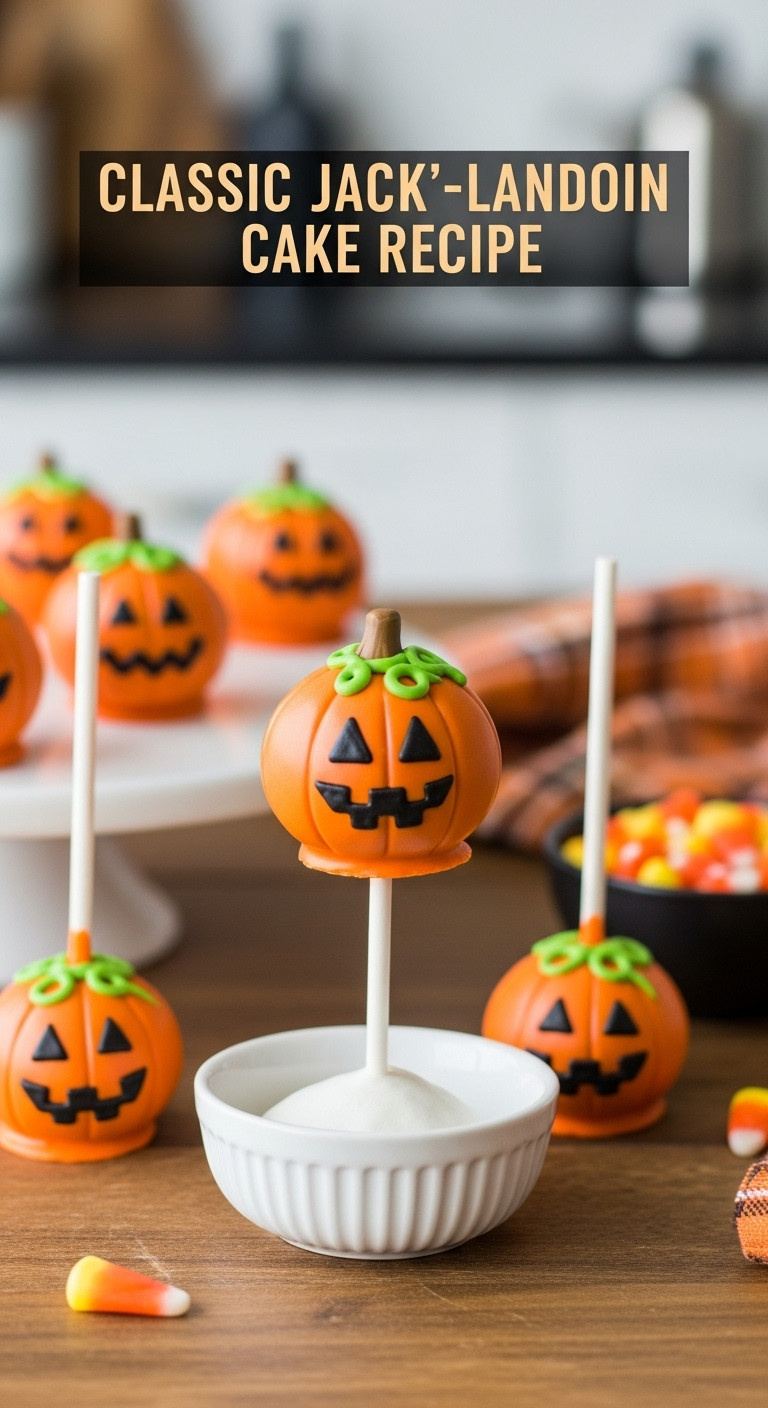 Classic Jack-O'-Lantern Cake Pops With Black Faces And Green Stems On A Rustic Wooden Table With Candy Corn
