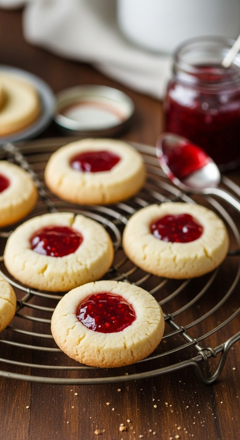 Classic Jam Thumbprint Cookies With Ruby Red Raspberry Jam On Vintage Wire Rack On Dark Wood. Cozy Homemade Treat.