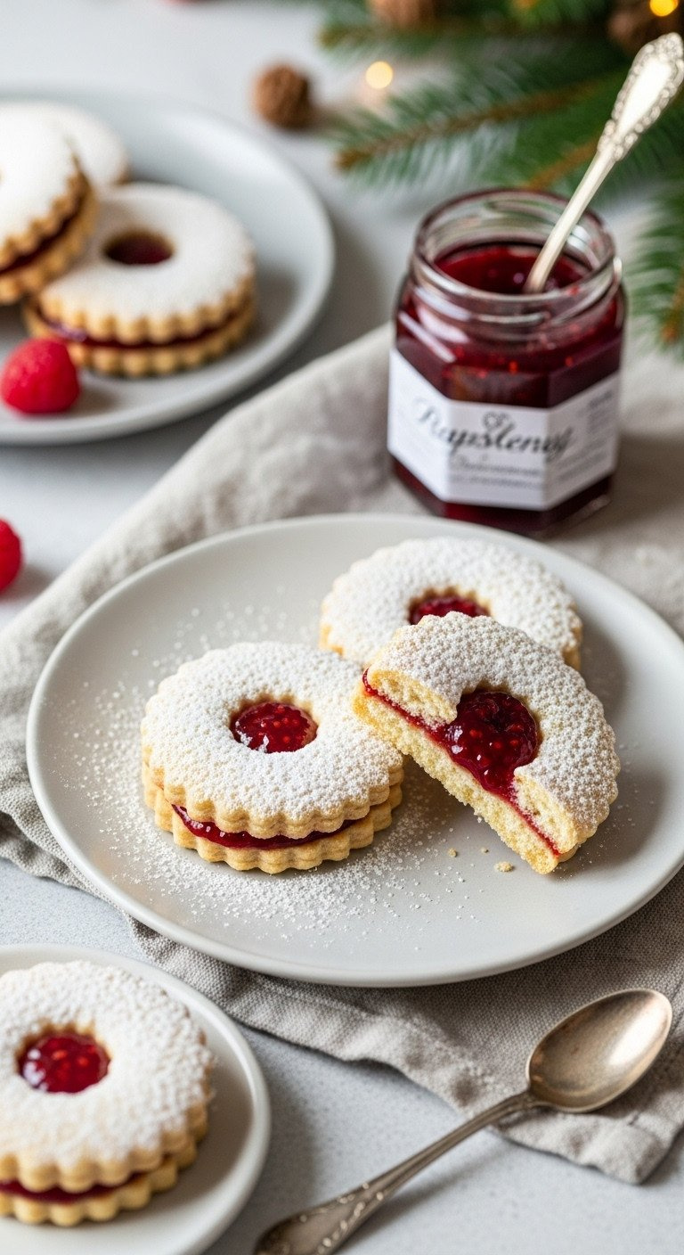 Classic Linzer Cookies With Vibrant Raspberry Jam And Powdered Sugar On A Linen Tablecloth. Jar Of Jam, Vintage Spoon.