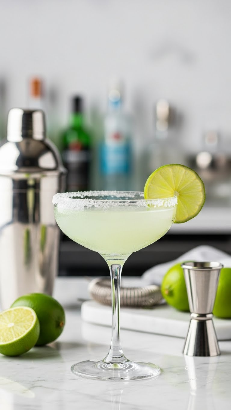 Classic Margarita Cocktail In Salt-Rimmed Coupe Glass With Lime Wheel Garnish And Condensation On Marble Countertop