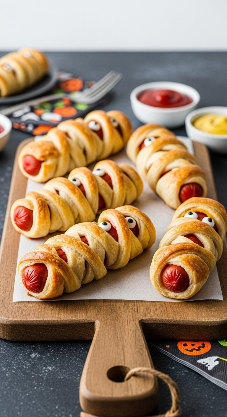 Classic Mummy Hot Dogs With Crescent Dough Bandages And Candy Eyes On A Wooden Board