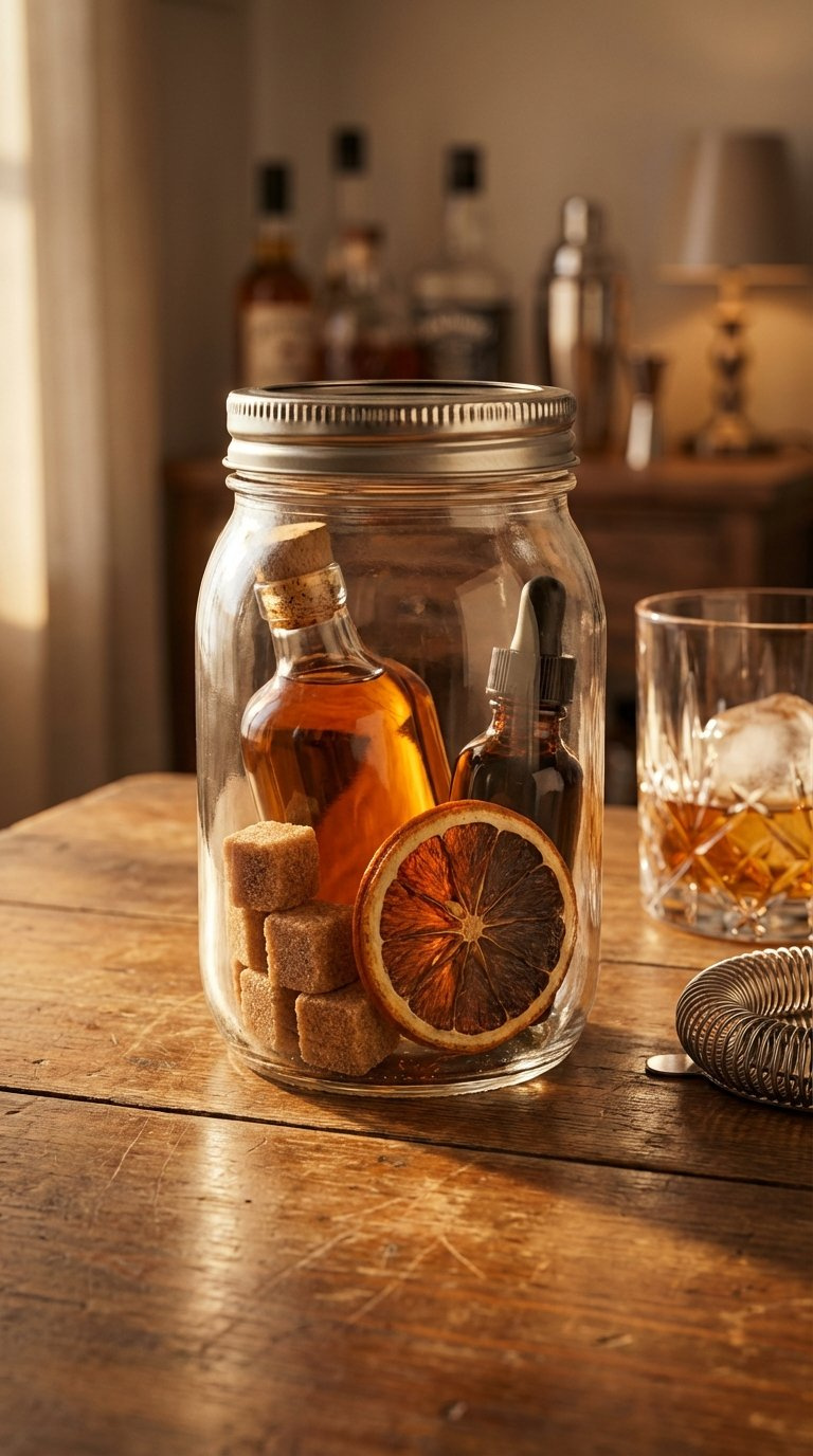 Classic Old Fashioned Kit In Mason Jar With Mini Whiskey Bottle, Bitters, Sugar Cubes, And Dried Orange Slice On Rustic Table