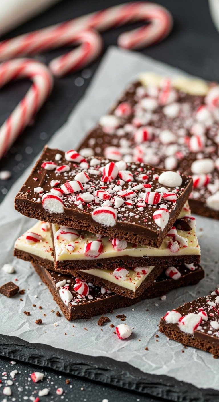 Classic Peppermint Bark Recipe, Layered Dark And White Chocolate With Crushed Peppermint Pieces, On Parchment For A Festive Holiday Dessert.