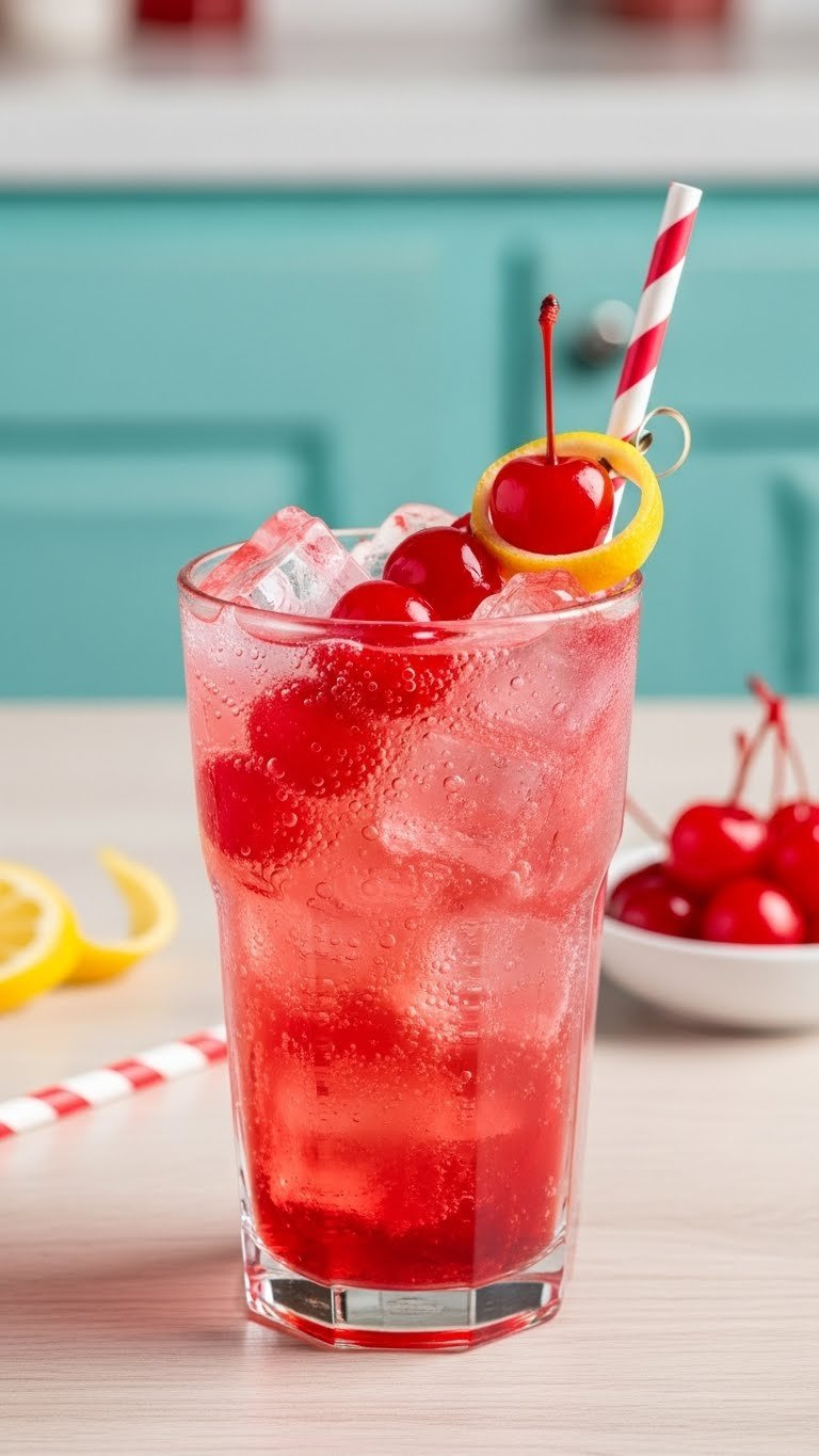 Classic Shirley Temple Sprite Mocktail In Tall Collins Glass With Ice Cubes, Maraschino Cherries, And Lemon Peel On Retro Diner Table