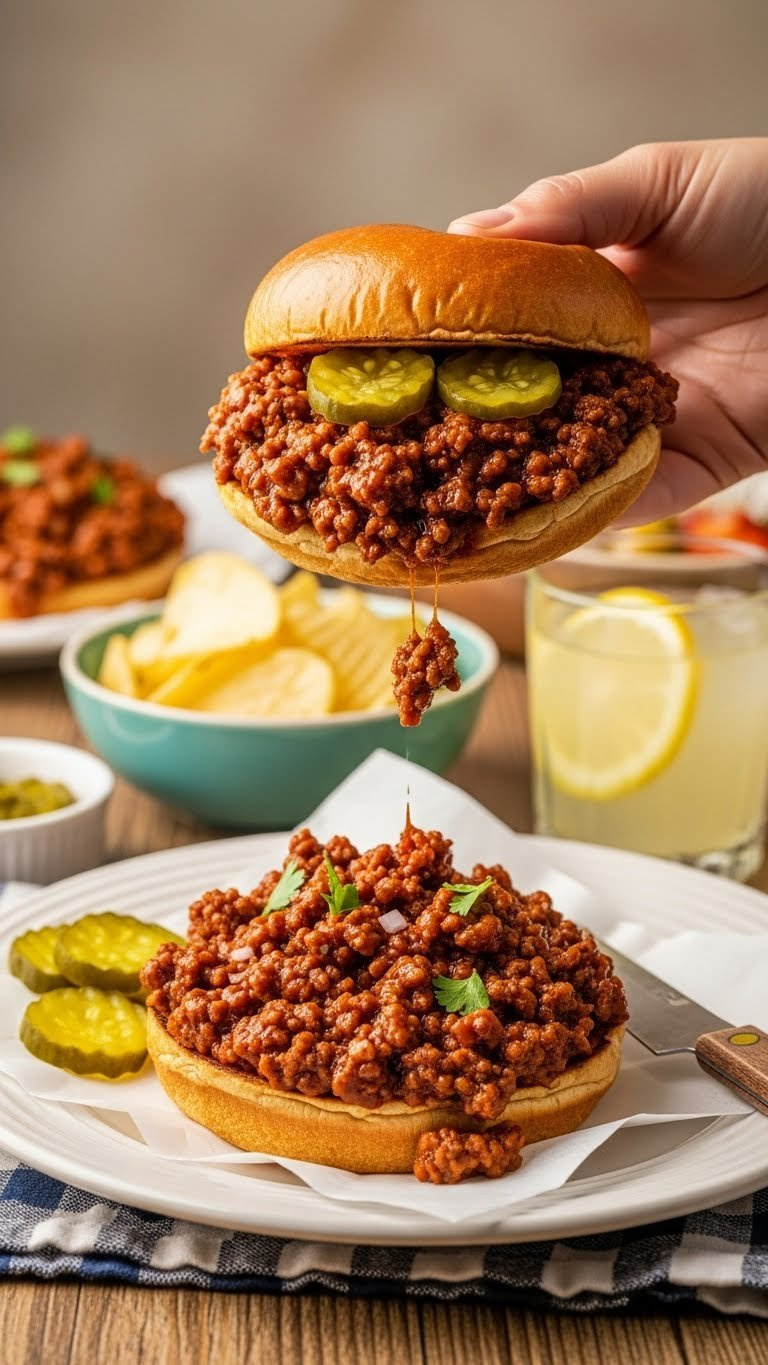 Classic Sloppy Joe Sandwich With Savory Ground Beef Spilling From Toasted Brioche Bun Held By Hand.