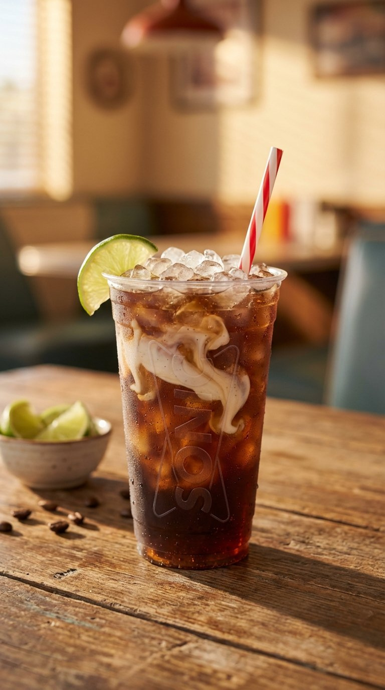 Classic Vanilla Coke With Sweet Cream Sonic Drink In Branded Cup With Pebble Ice And Lime Wedge