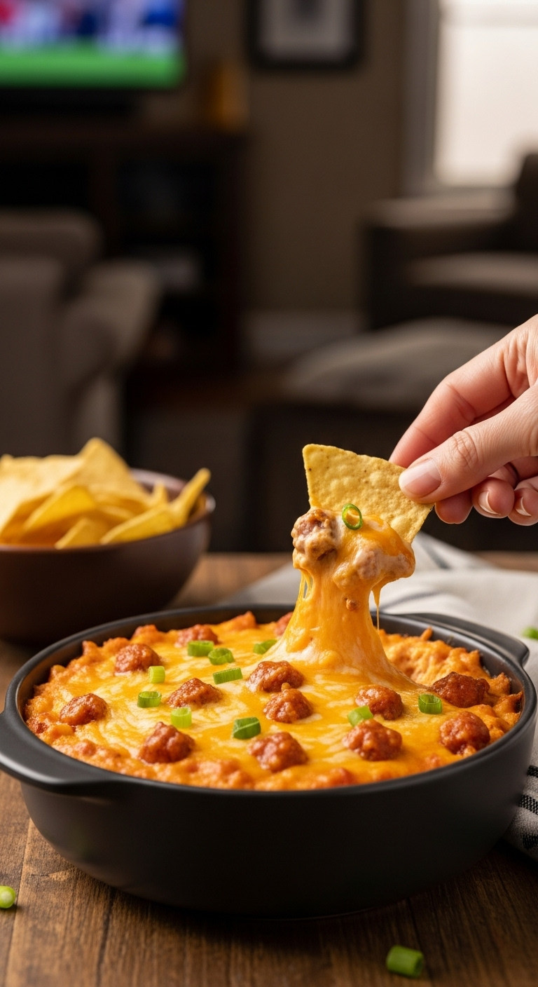 Classic Velveeta Spicy Sausage Dip In A Dark Stoneware Bowl With Tortilla Chips And Green Onions On A Wooden Table