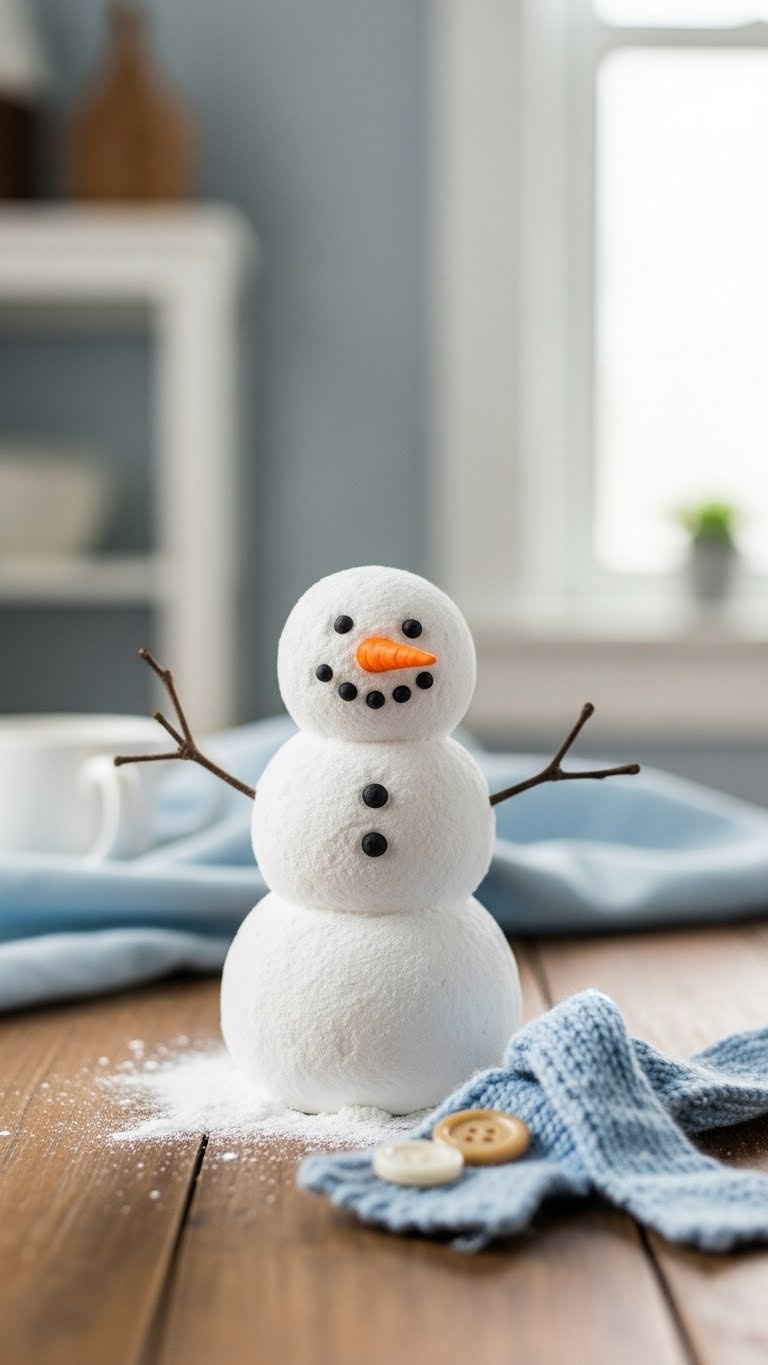 Classic Baking Soda Snowman Craft With Googly Eyes, Carrot Nose, And Knitted Scarf On Rustic Wooden Table In Soft Natural Light.