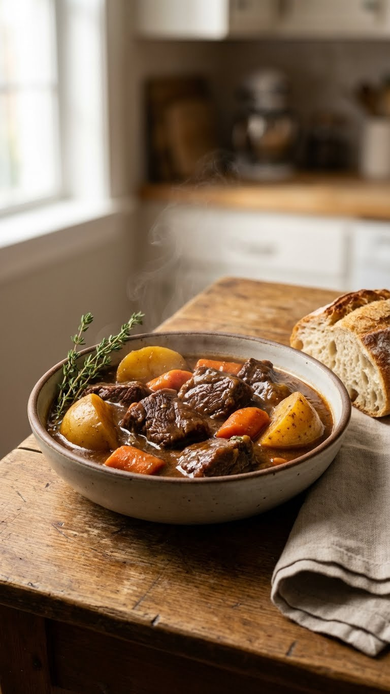 Classic Beef Stew With Tender Chunks, Golden Potatoes, Orange Carrots, Thick Gravy In A Rustic Bowl. Served On Wood With Thyme, Bread. Cozy, Delicious Homemade Meal.