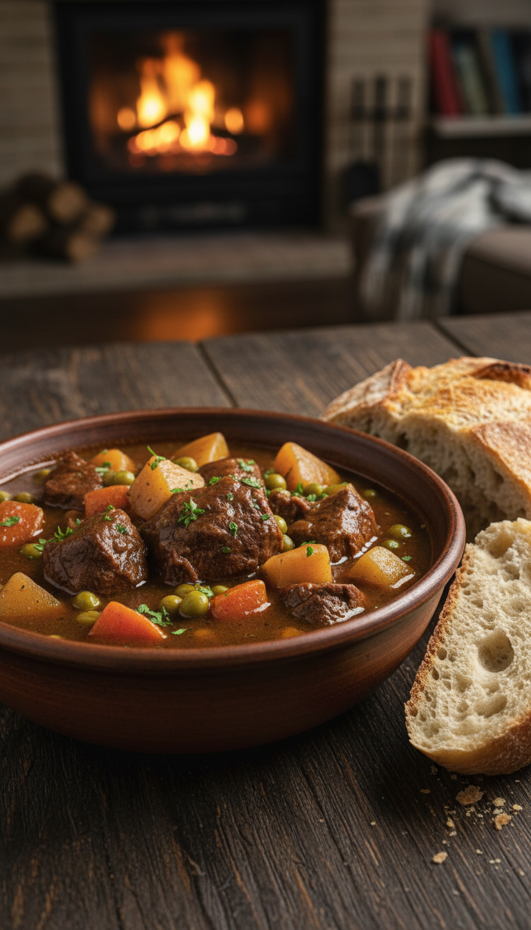 Classic Beef Stew With Tender Chunks Of Beef, Potatoes, And Carrots In A Deep Rustic Bowl.