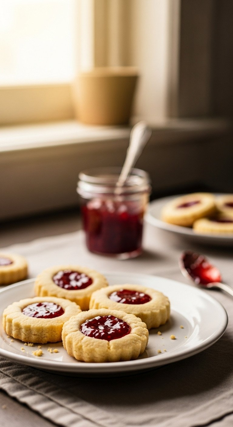 Classic Buttery Thumbprint Cookies With Shimmering Red Jam Centers Arranged On A Vintage Ceramic Plate For The Holidays.