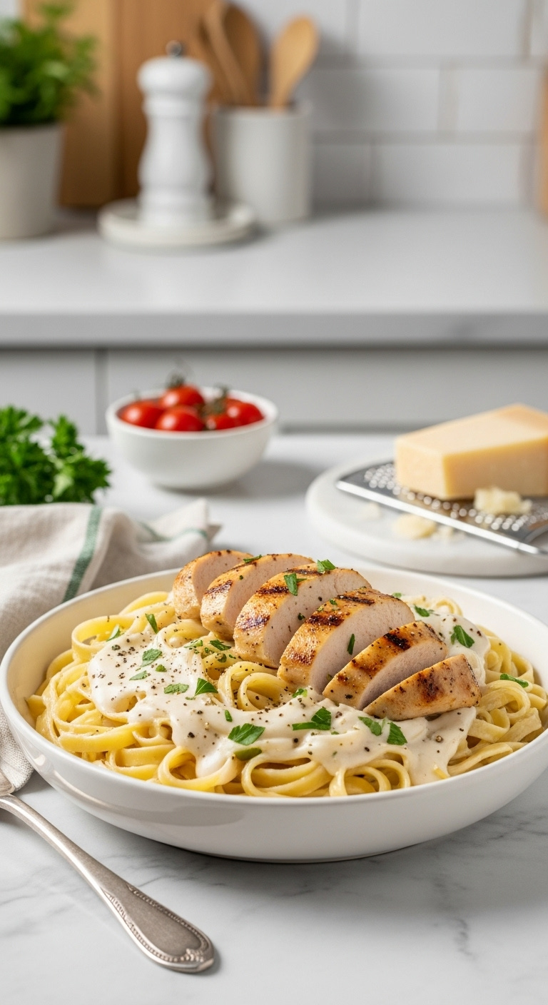 Classic Chicken Alfredo With Fettuccine Grilled Chicken Black Pepper And Parsley In A Bowl On A White Marble Countertop