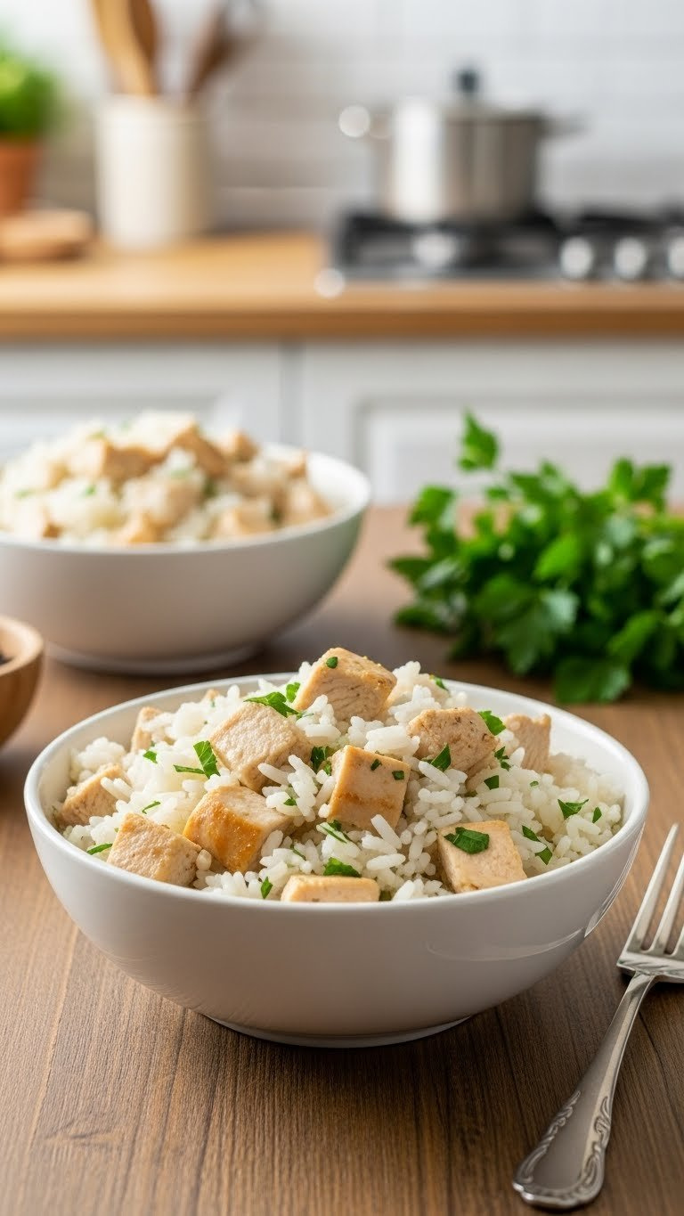 Classic Chicken And Rice Bowl With Fluffy White Rice, Diced Chicken Breast, And Parsley Garnish On Rustic Wooden Table