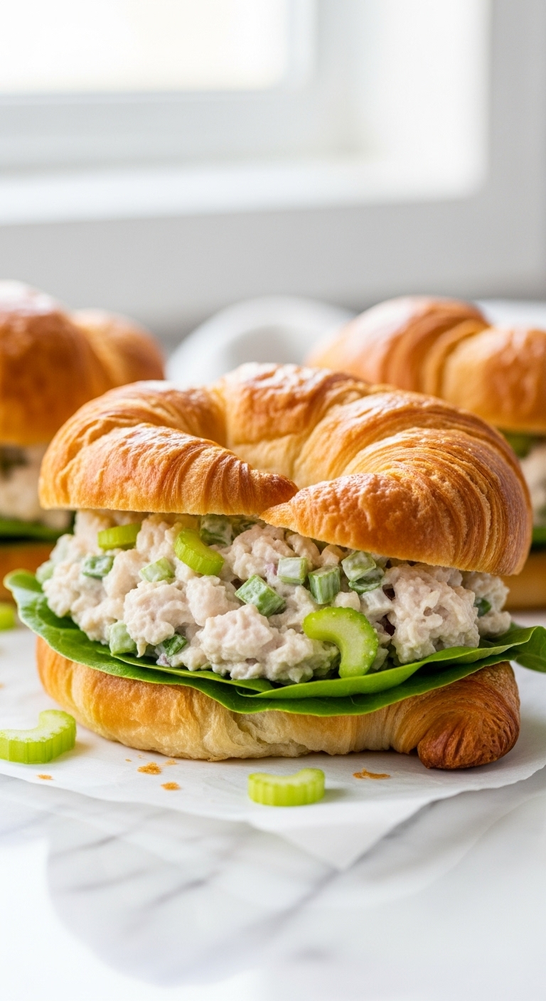 Classic Chicken Salad Sandwich On A Flaky Croissant With Chicken Filling And Lettuce