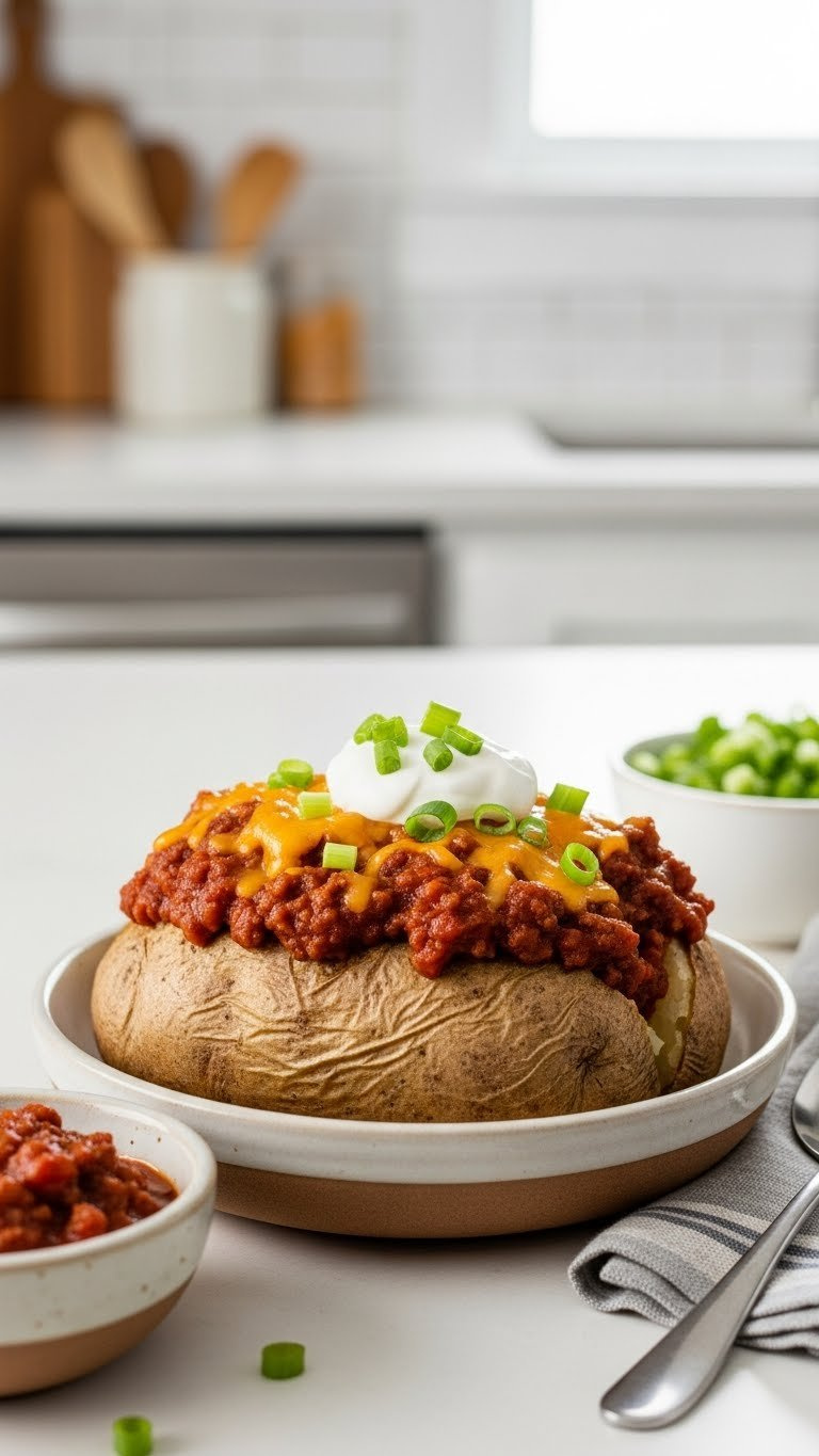 Classic Chili Cheese Baked Potato With Melted Cheddar And Sour Cream In Rustic Ceramic Bowl