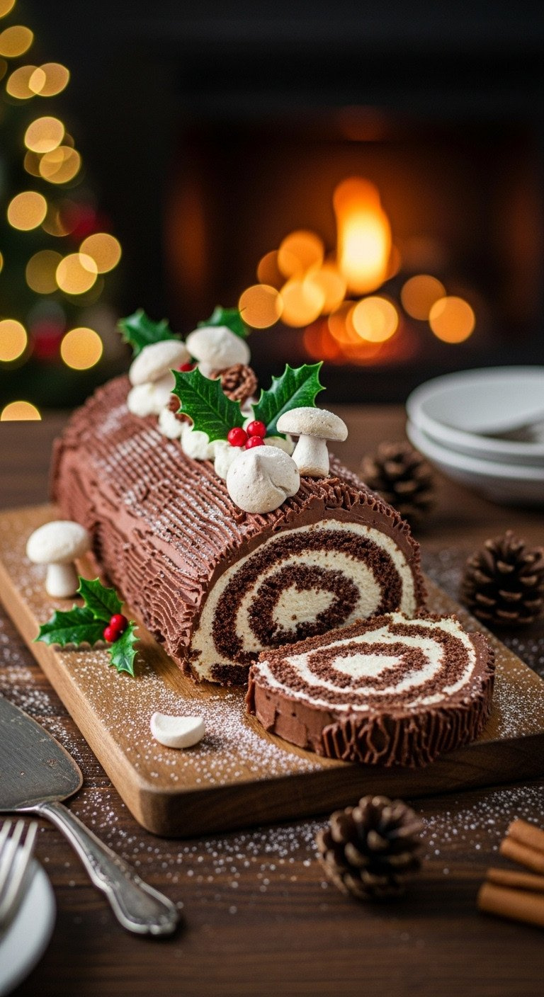 Classic Chocolate Bûche De Noël (Yule Log) With Bark Frosting, Sponge Swirl, Meringue Mushrooms, Holly, Powdered Sugar. Festive Recipe.