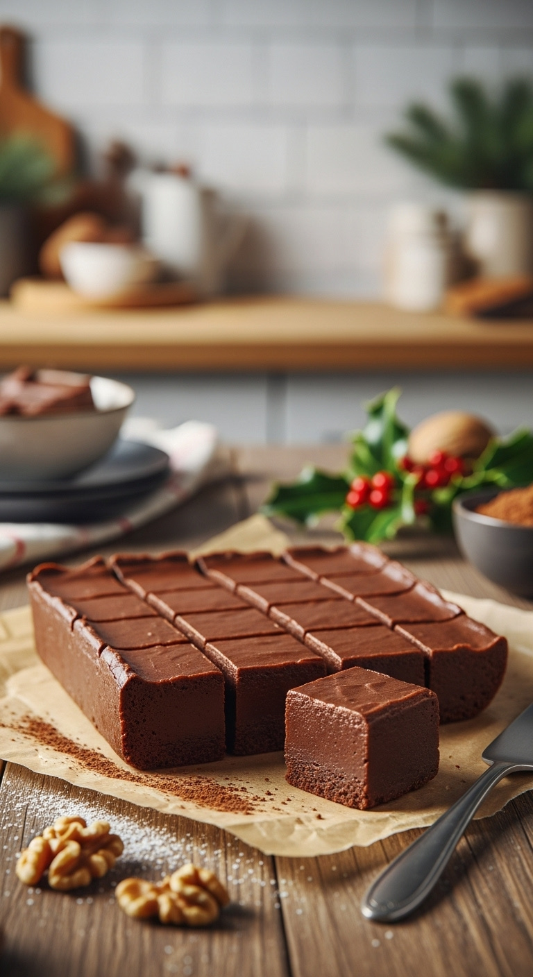 Classic Chocolate Fudge Squares On Festive Parchment Paper With Walnuts And Holly