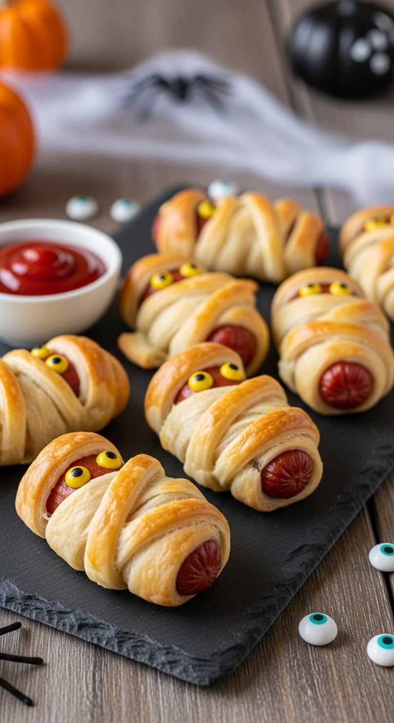 Classic Crescent Roll Mummy Dogs On A Dark Slate Platter With Mustard Eyes And Subtle Halloween Decor Perfect For Easy Spooky Appetizers