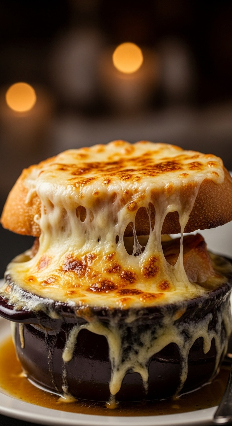 Classic Crock Of French Onion Soup Topped With Bubbly Gruyère Cheese And A Baguette Slice In Warm Lighting