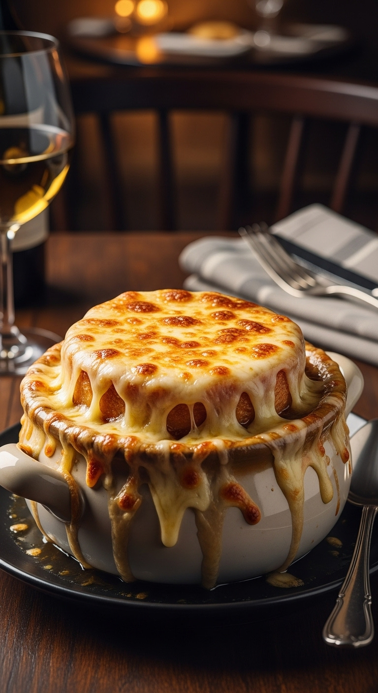 Classic Crockpot French Onion Soup In A Ceramic Crock, Topped With Bubbly Melted Gruyere Cheese And Crusty Bread.