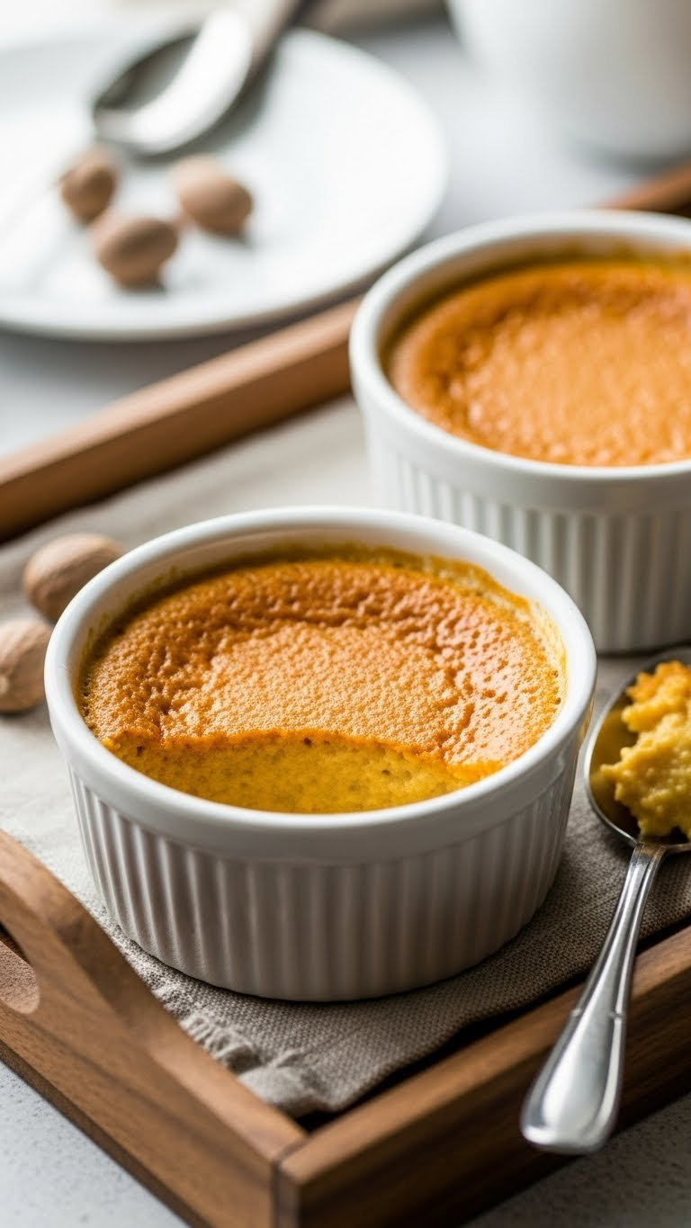Classic Crustless Pumpkin Custard In White Ramekin, Smooth Surface, Spoon Nearby On Wooden Tray With Nutmeg.