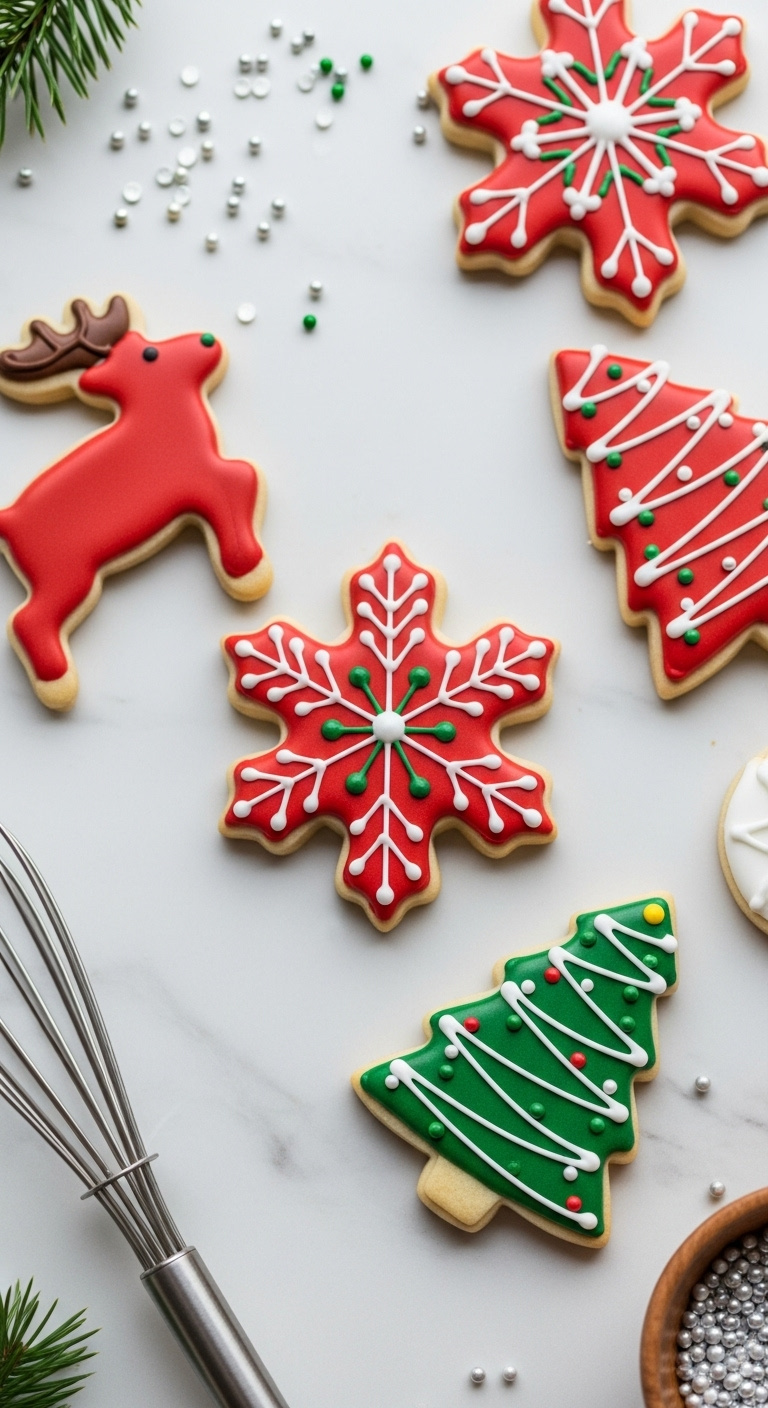 Classic Decorated Christmas Sugar Cookies On Marble With Sprinkles And Whisk