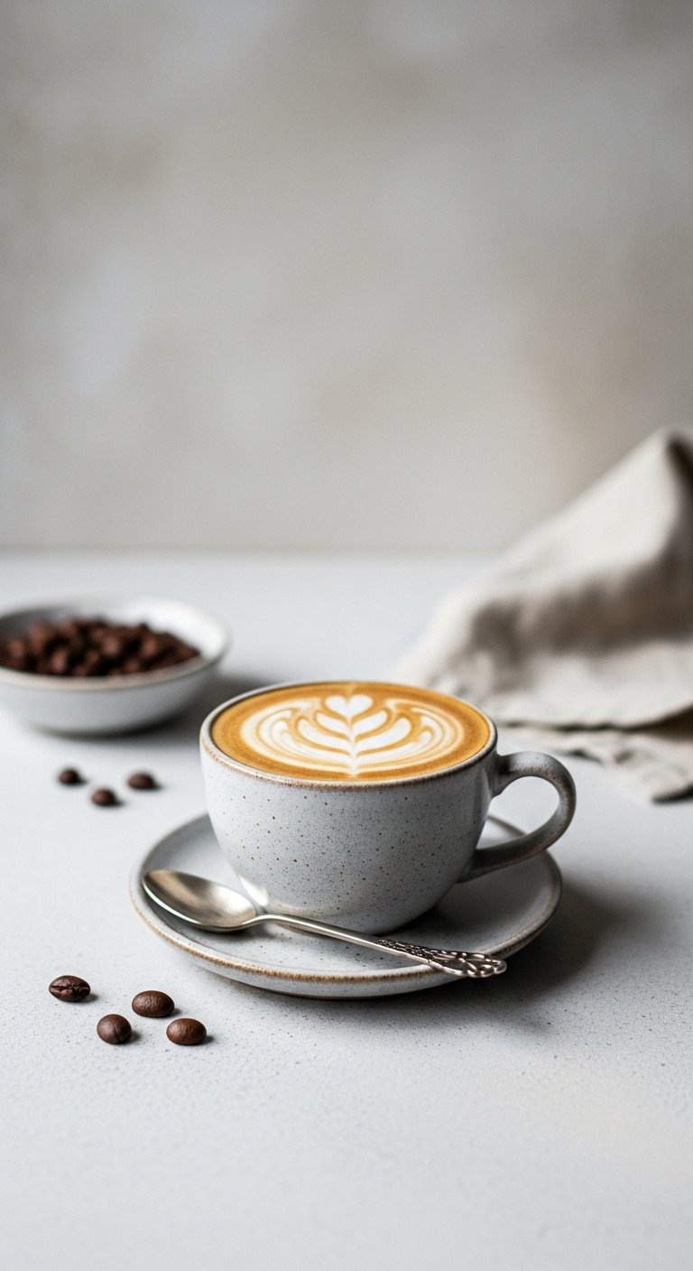 Classic Flat White With Velvety Microfoam And Subtle Latte Art In A Ceramic Cup.