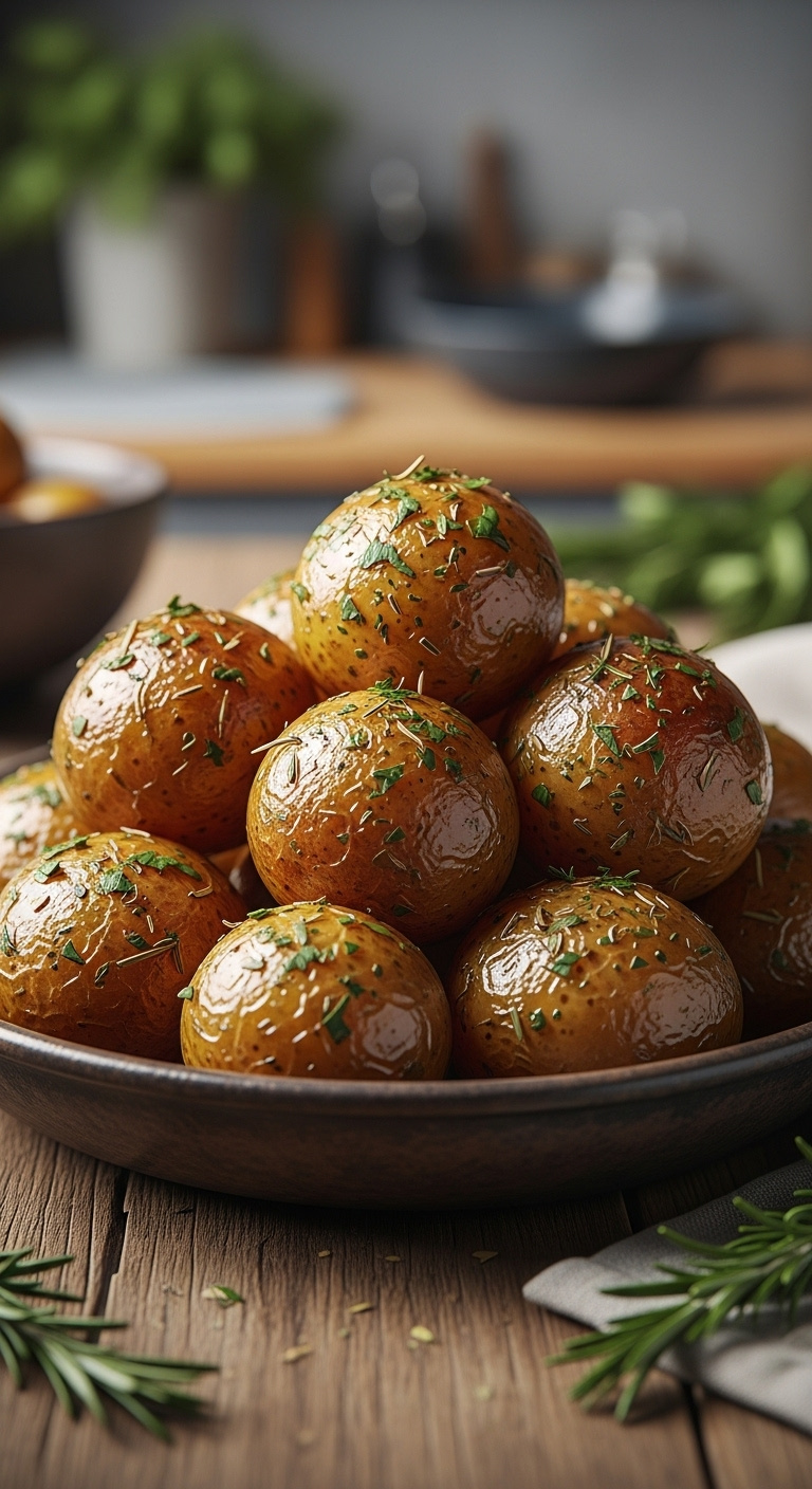 Classic Garlic Herb Roasted Red Potatoes In A Dark Ceramic Serving Bowl On A Wooden Table With Rosemary