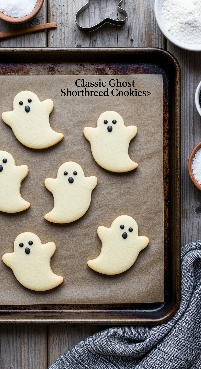 Classic Ghost Shortbread Cookies With Black Icing Eyes And Mouth On Dark Parchment Paper With A Cookie Cutter And Flour
