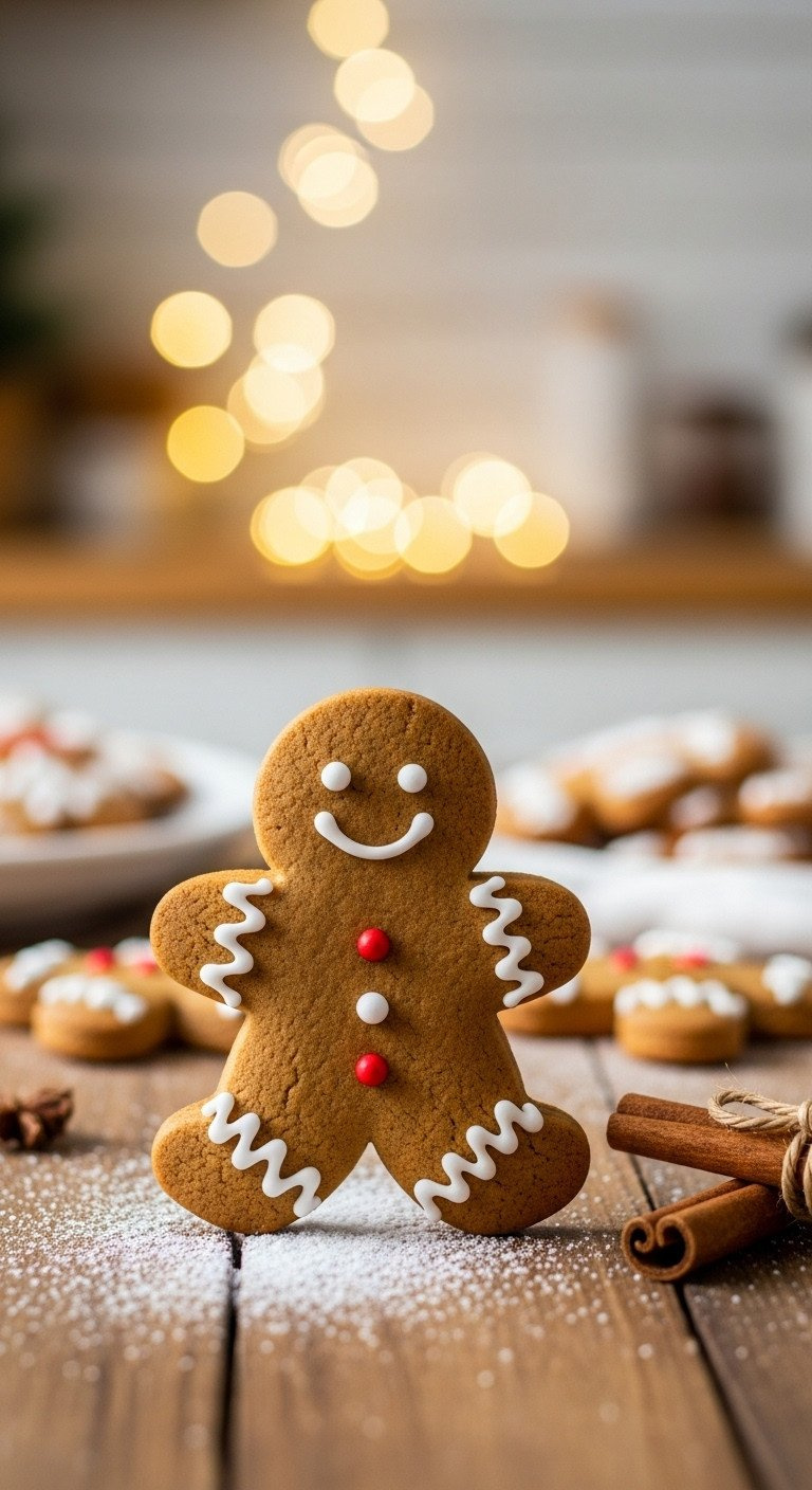 Classic Gingerbread Man Cookie, White Icing, Black Eyes. Rustic Wood Table, Powdered Sugar, Cinnamon. Cozy Christmas.