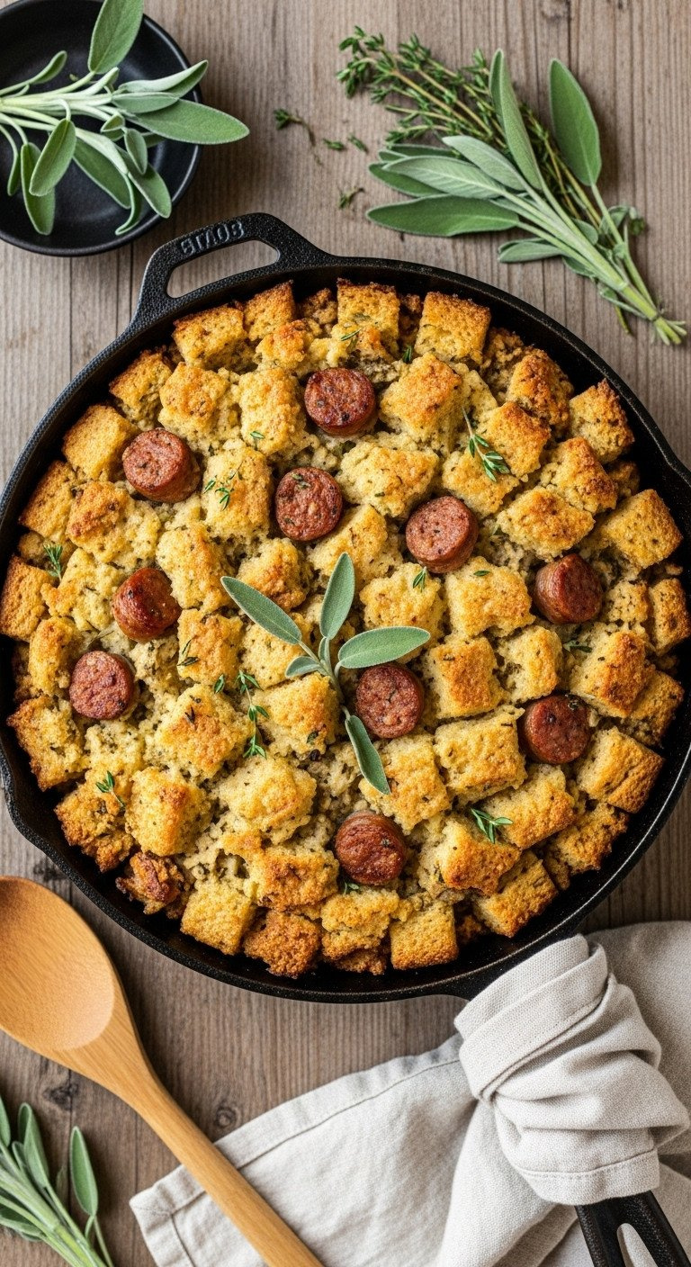 Classic Golden-Brown Sausage Stuffing In A Vintage Iron Skillet, With Crisp Bread, Caramelized Sausage, And Fresh Sage.