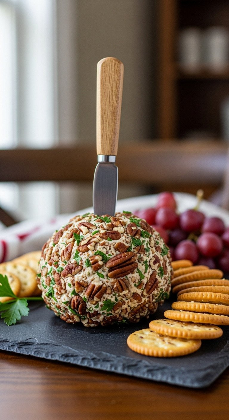Classic Holiday Cheese Ball Coated In Pecans &Amp; Parsley With A Knife On A Slate Board, Crackers &Amp; Grapes. Elegant Party Appetizer Recipe.