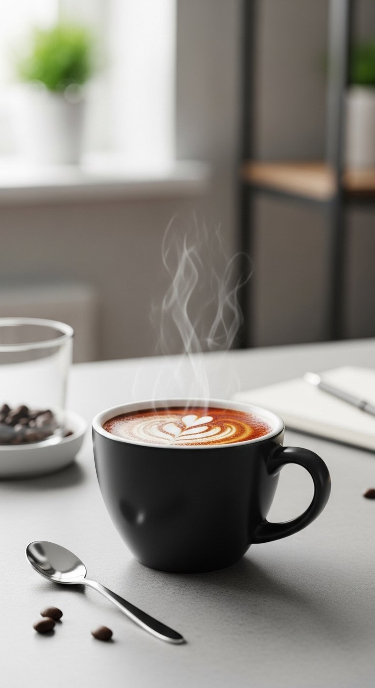 Classic Hot Americano With Reddish-Brown Crema Served In Minimalist White Ceramic Mug On Light Wooden Surface.