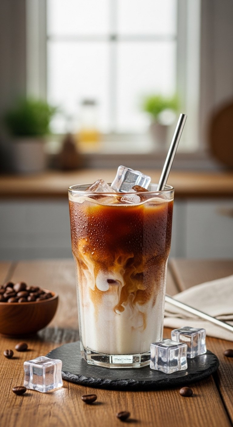 Classic Iced Coffee With Coffee Ice Cubes And Milk Swirl On A Rustic Wooden Table Surrounded By Coffee Beans.