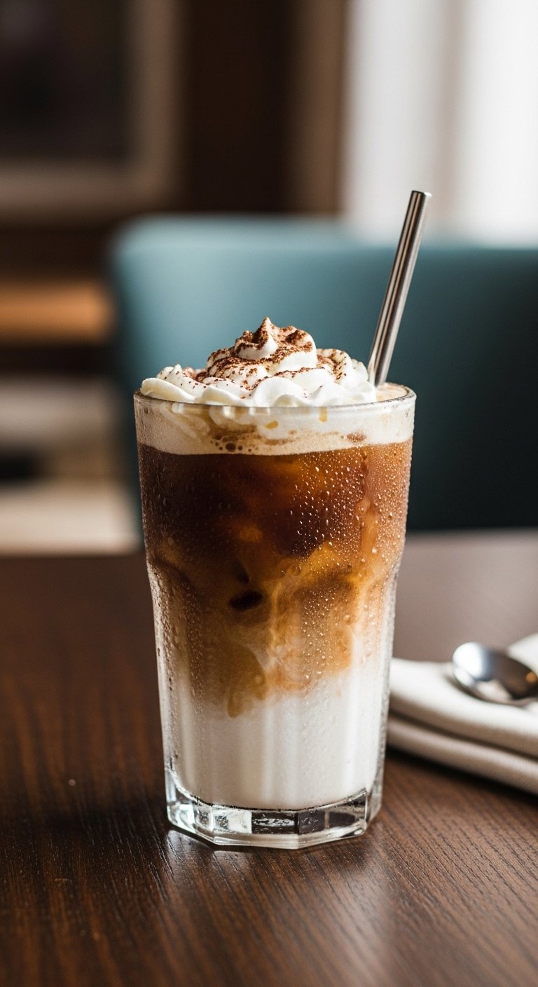 Classic Iced Coffee With Whipped Cream Cocoa Garnish And Tall Straw Showing Condensation Layers.