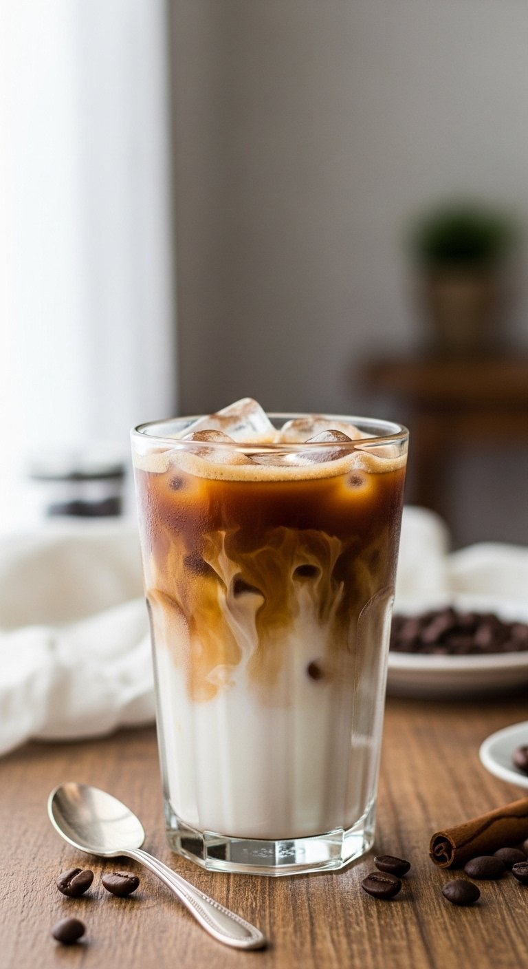 Classic Iced Latte In A Clear Glass With Ice And Espresso Swirls On A Rustic Wooden Table.