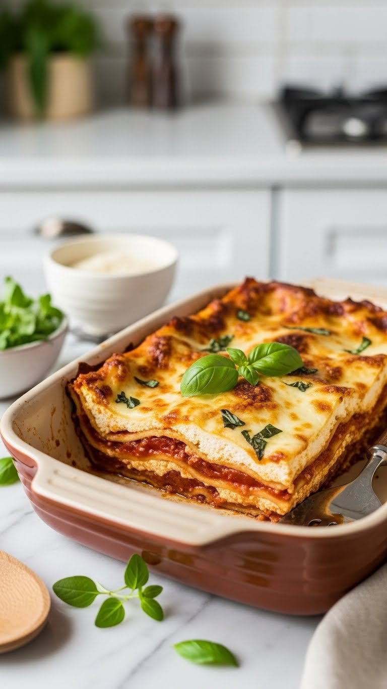 Classic Lasagna Slice Showcasing Rich Layers Of Tomato Sauce, Ricotta, And Melted Mozzarella In Ceramic Baking Dish