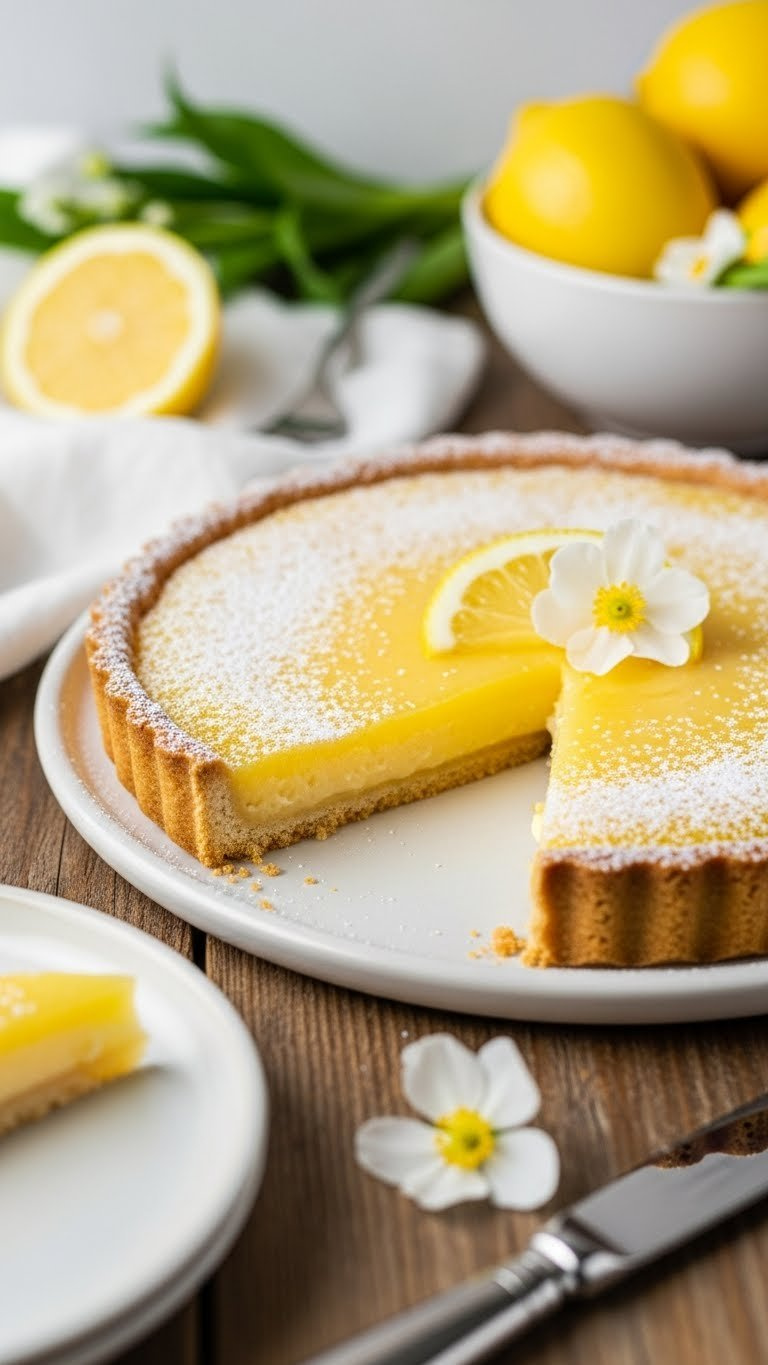 Classic Lemon Tart Slice With Golden Crust, Vibrant Yellow Curd, Powdered Sugar, And Fresh Lemons.