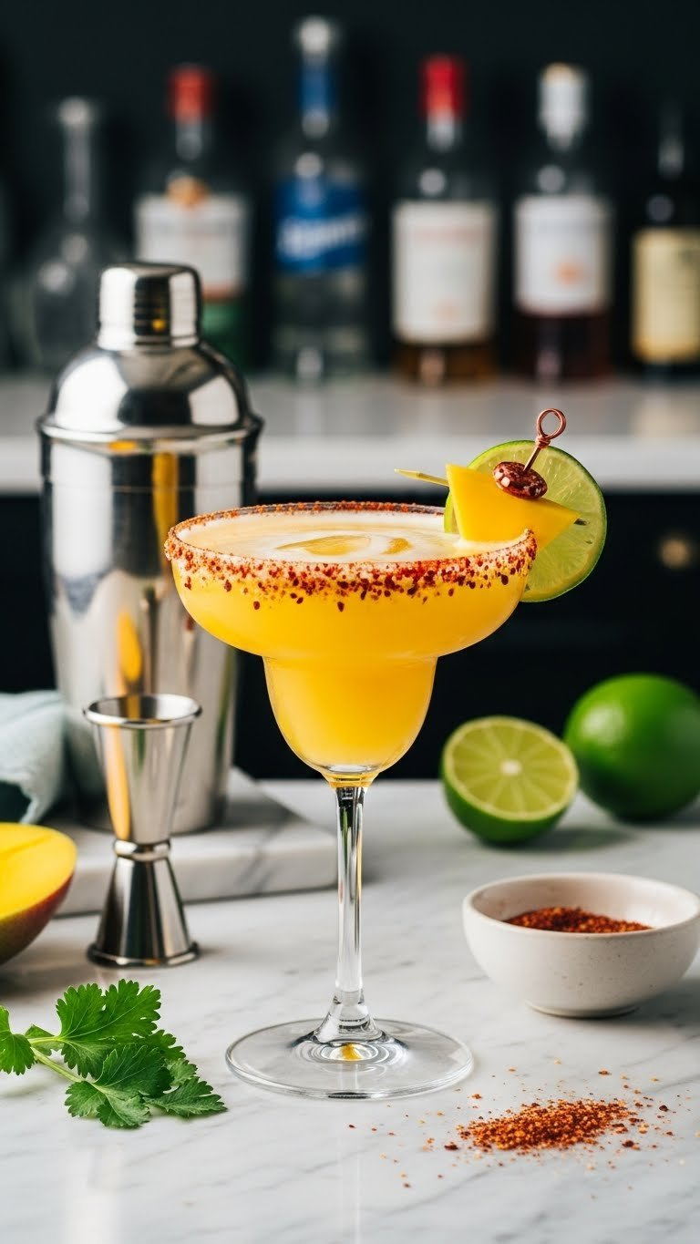 Classic Margarita Glass With Bright Mango Margarita Rimmed With Tajin Salt And Lime Wheel Garnish