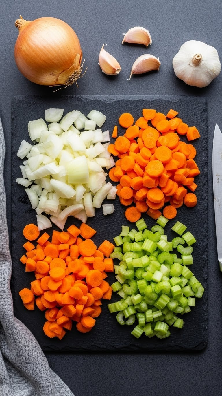 Classic Mirepoix Vegetables Diced Yellow Onions Carrots Celery On Dark Slate Cutting Board With Chef's Knife