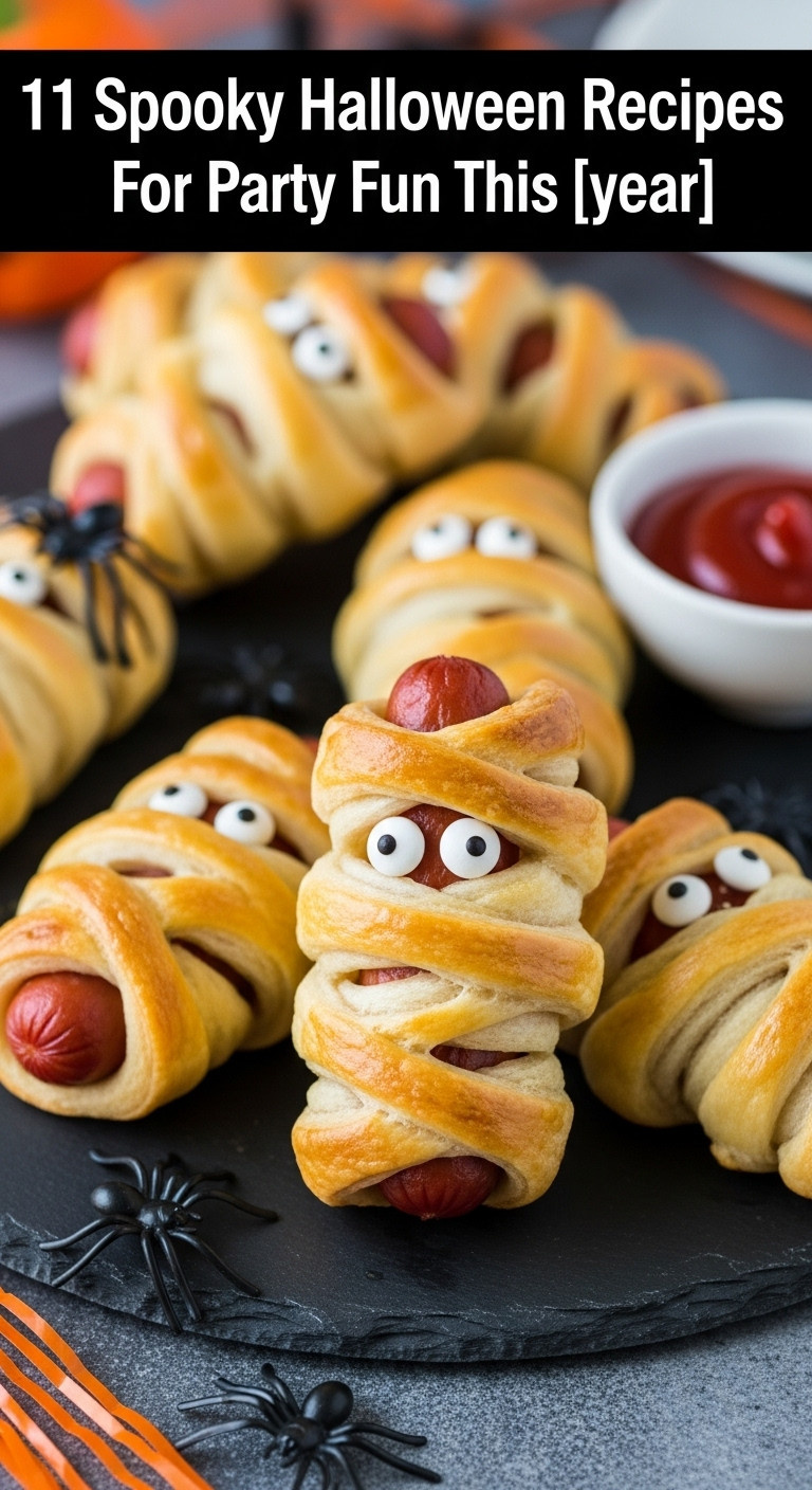 Classic Mummy Hot Dogs With Candy Eyeballs On A Dark Slate Platter With A Blurred Halloween Party Background For Festive Fun
