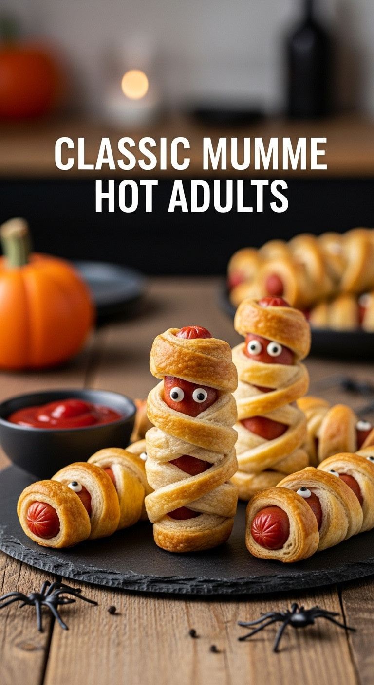 Classic Mummy Hot Dogs With Crescent Roll Bandages And Candy Eyes On A Dark Slate Serving Platter With Ketchup