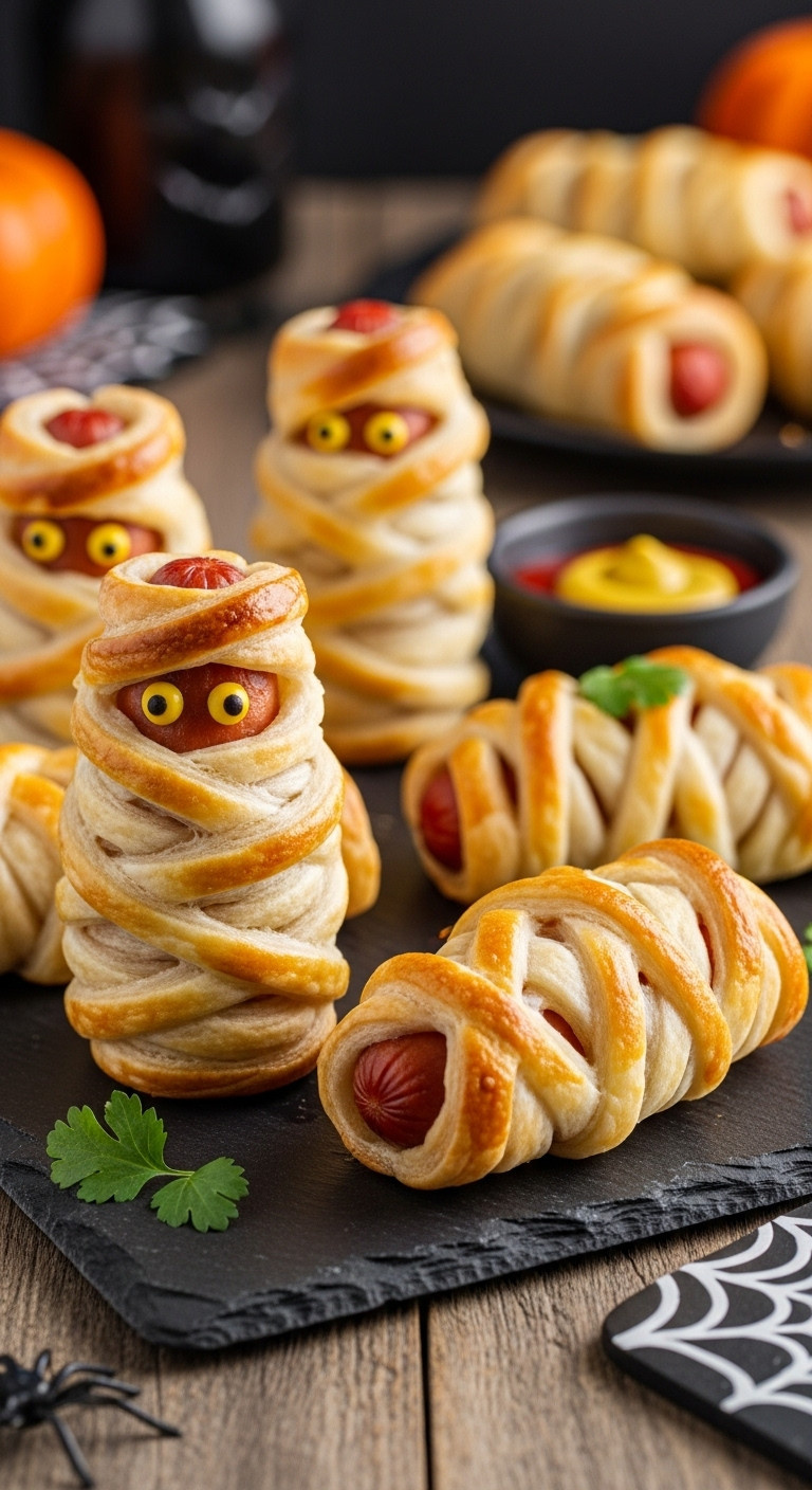 Classic Mummy Hot Dogs With Pastry Bandages And Mustard Eyes On A Dark Slate Platter