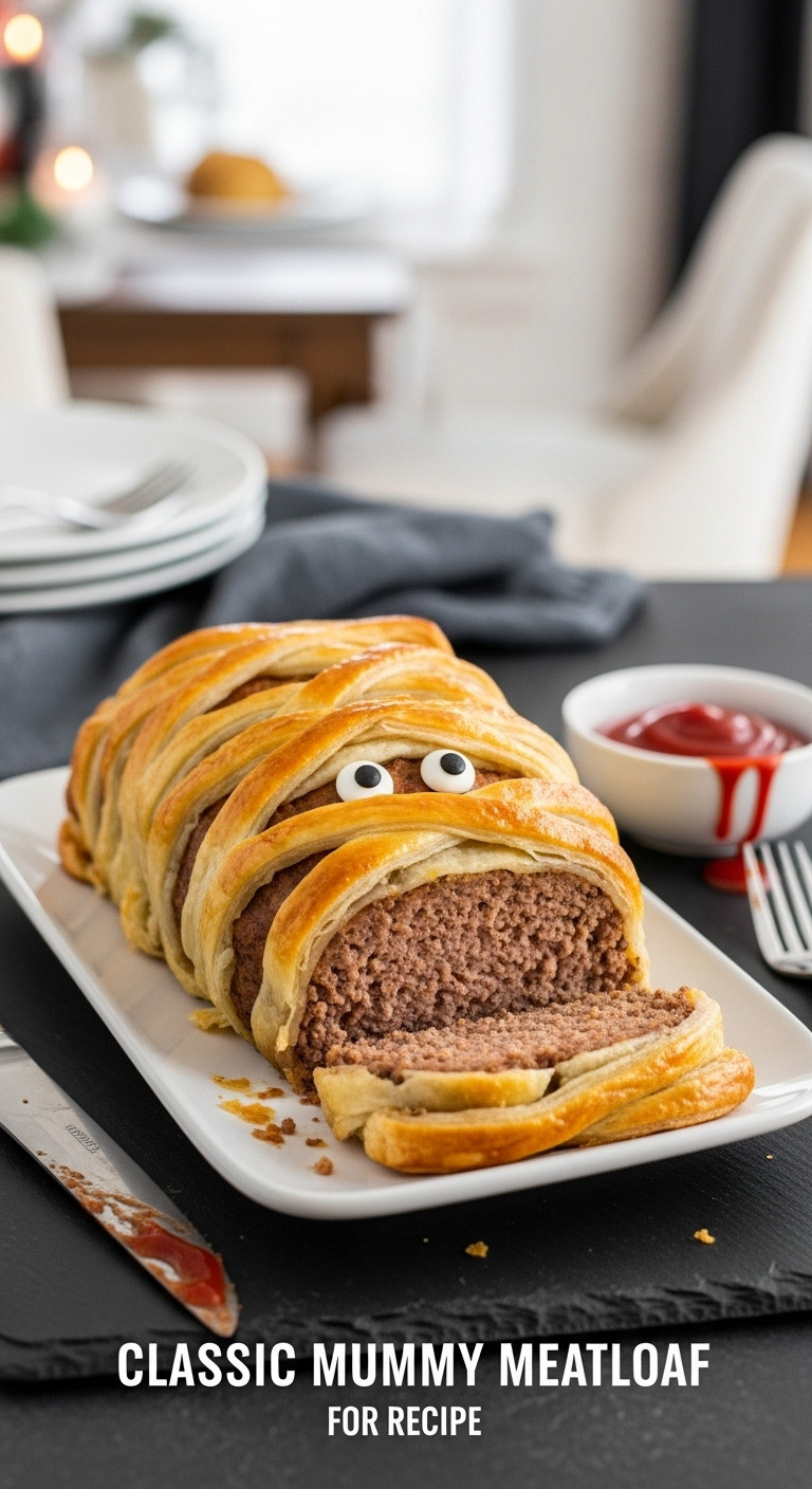 Classic Mummy Meatloaf Wrapped In Puff Pastry With Googly Eyes On A White Ceramic Platter With Ketchup