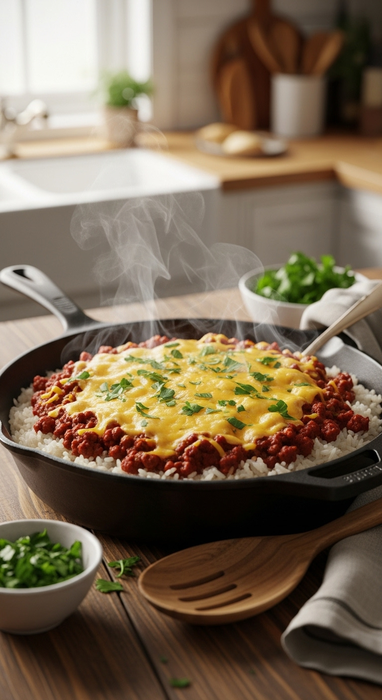 Classic One Pan Ground Beef And Rice Skillet With Melted Cheddar And Parsley On Rustic Wood Table With Serving Spoon And Napkin