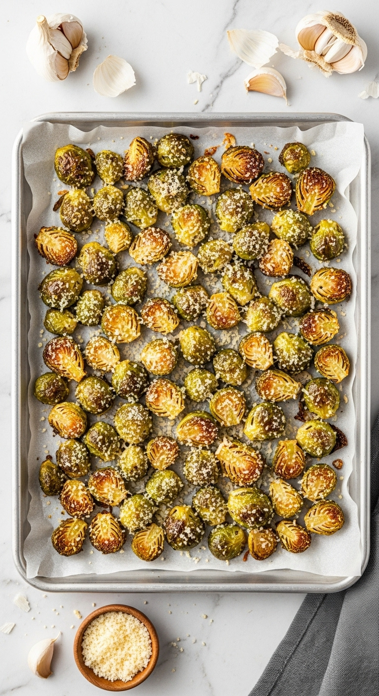 Classic Oven Roasted Garlic Parmesan Frozen Brussels Sprouts On A Baking Sheet With Extra Parmesan And Garlic Cloves