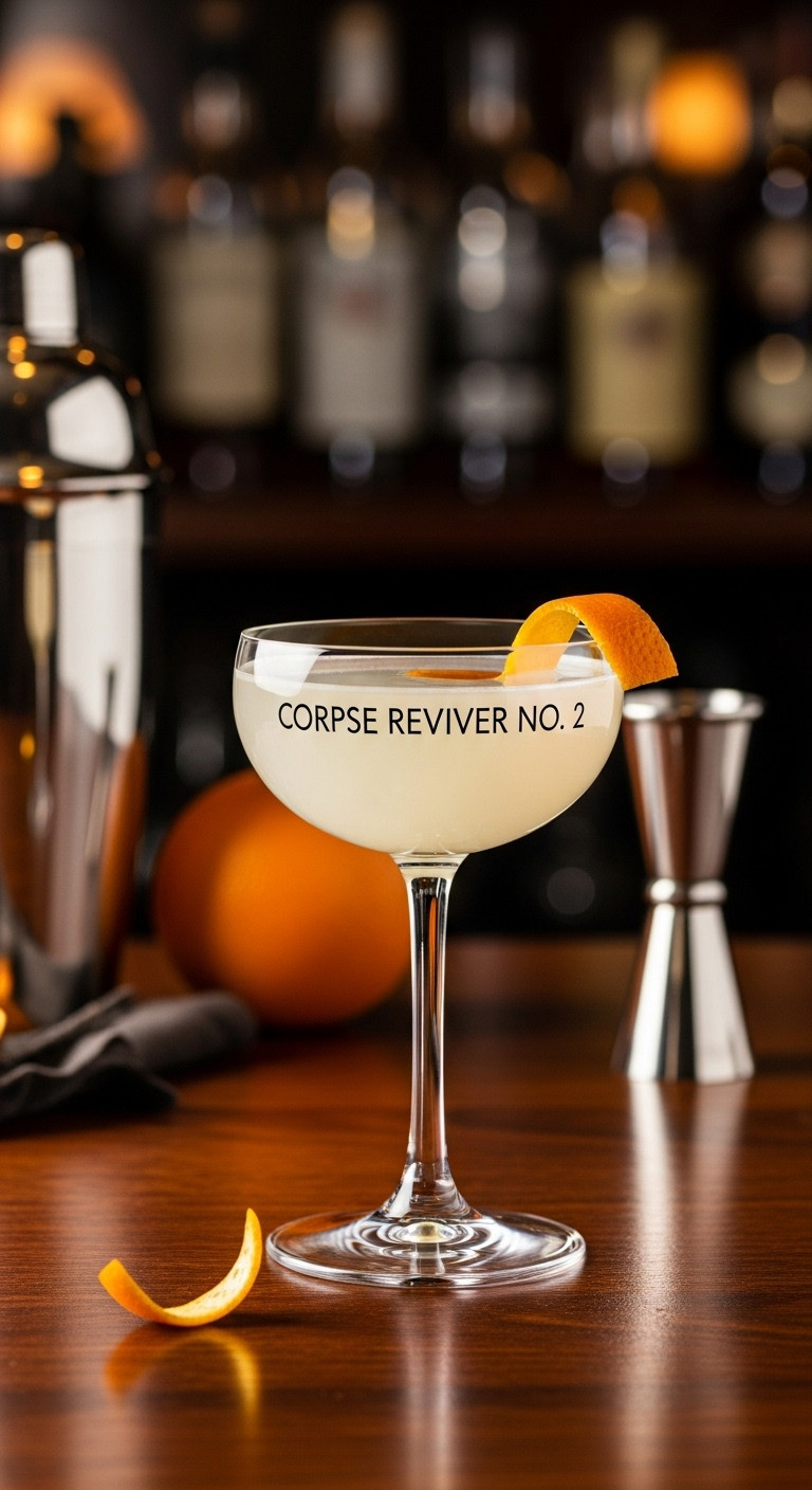 Classic Pale Yellowish-White Corpse Reviver No 2 Cocktail With An Orange Peel Twist In An Elegant Coupe Glass.