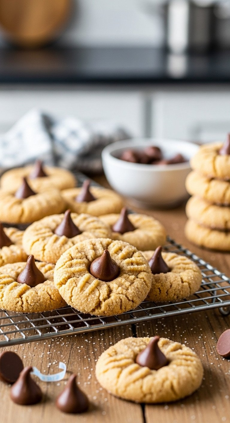 Classic Peanut Butter Blossom Cookies With A Chocolate Kiss, Rolled In Sugar, On A Cooling Rack In A Homey Kitchen.